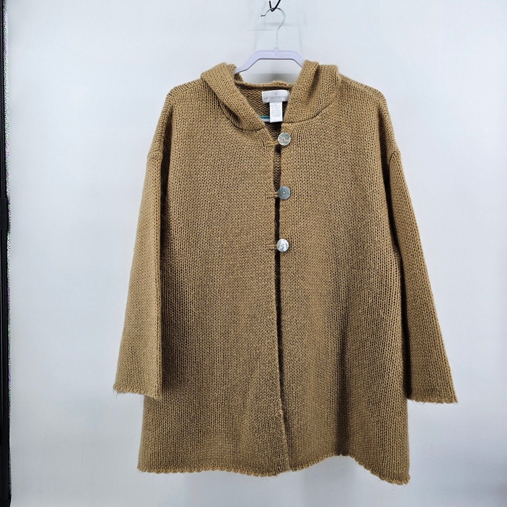 Soft Surroundings Cardigan Womens Large Tan Mohair Wool Blend Chunky Hooded Knit